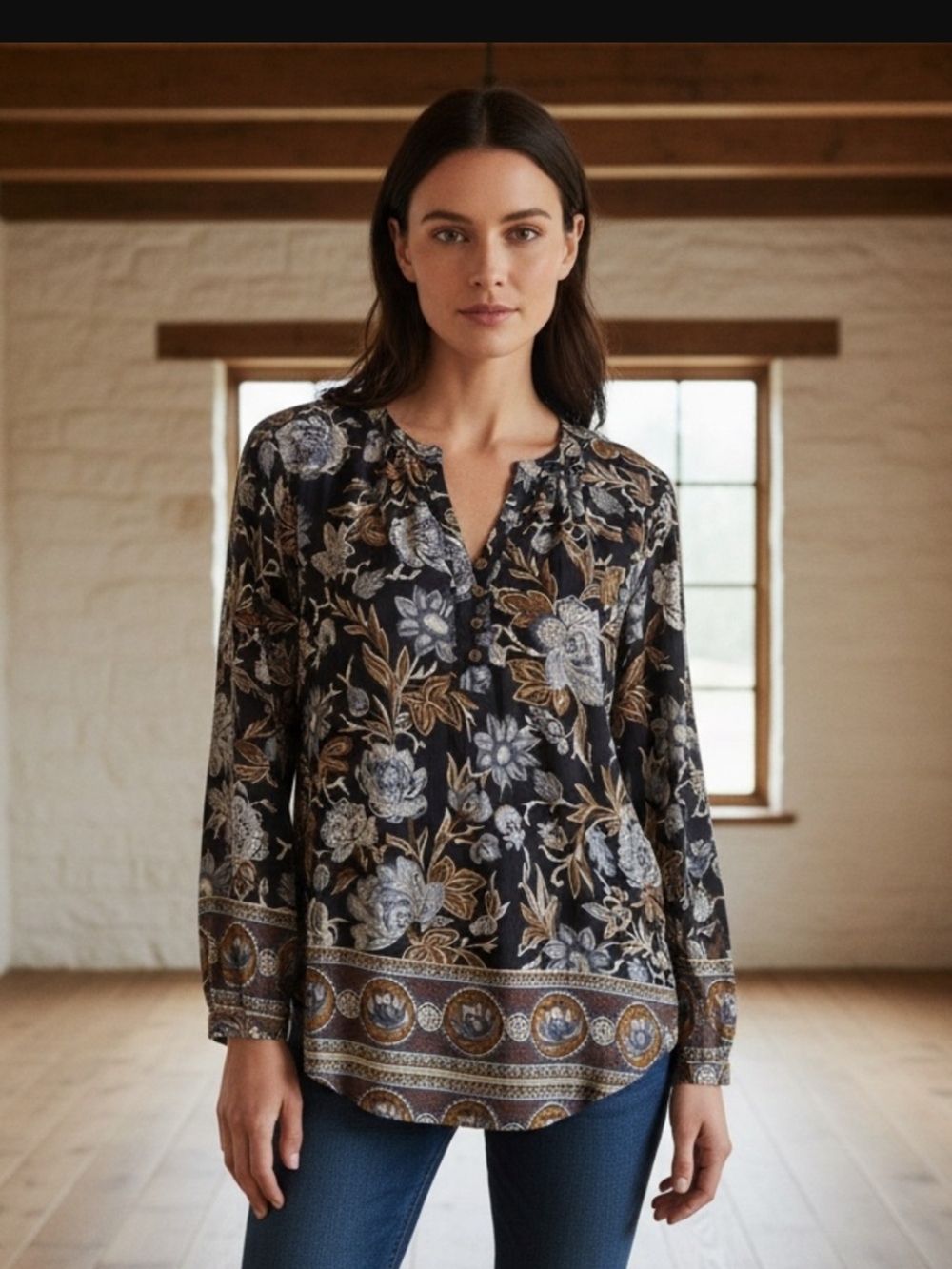 Lucky Brand Black Floral Button-Front Tunic Blouse